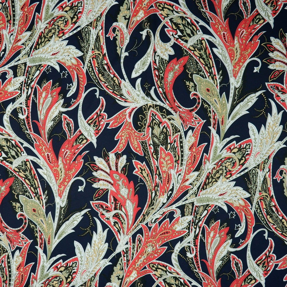 Red and Green Patterns on Black Polyester Fabric - Pound Fabrics