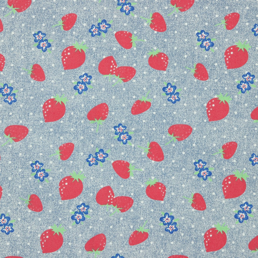 Strawberries and Blue Floral Chambray Denim Fabric - Pound Fabrics