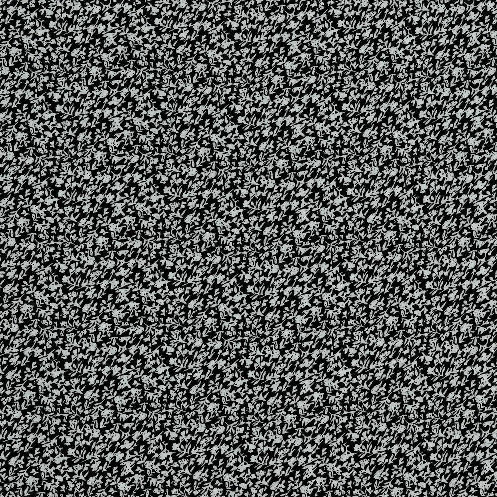 Busy White Patterns on Black Viscose Challis Fabric - Pound Fabrics