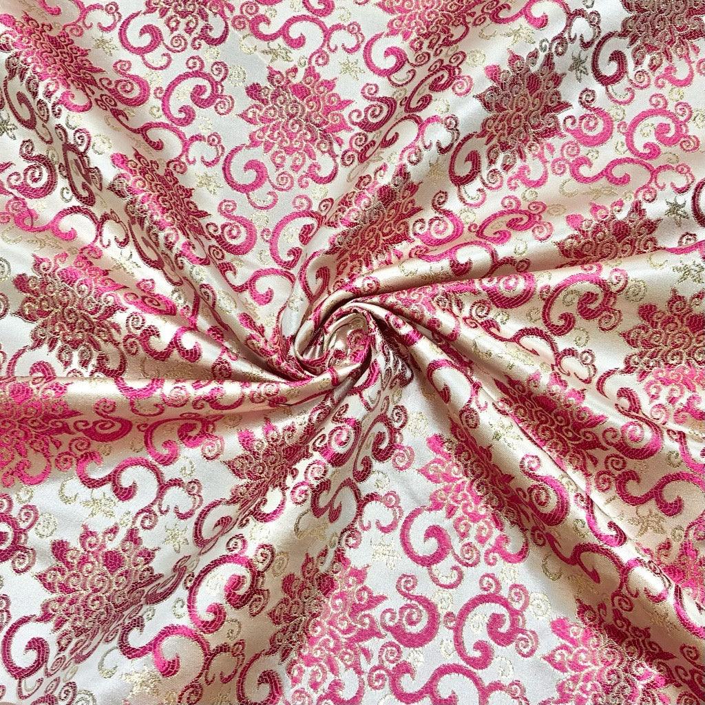 Pink Swirls on White Brocade Fabric - Pound Fabrics