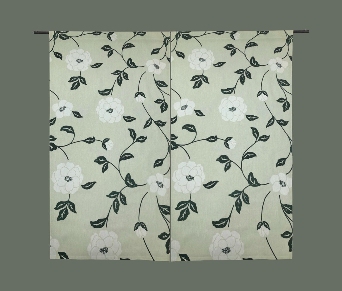Large White Floral and Black Leaves on Mint Panama Fabric