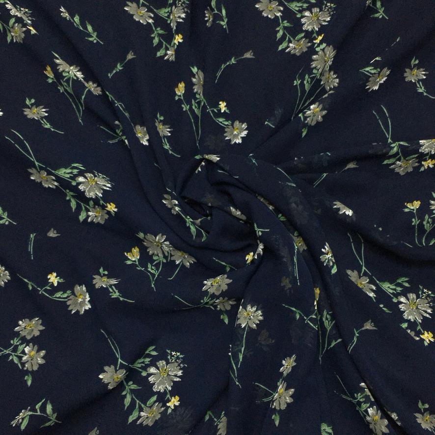 Silver Flowers on Navy Chiffon Fabric (6539950489623)