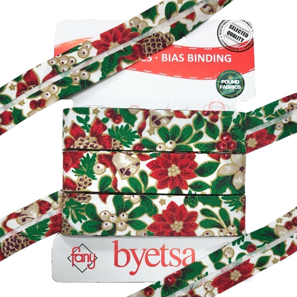 Holly &amp; Flowers Cotton Bias Binding Tape - 5 metres