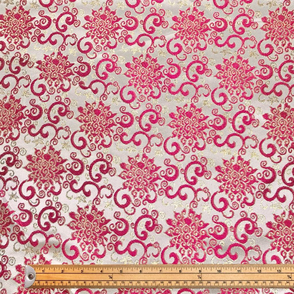 Pink Swirls on White Brocade Fabric - Pound Fabrics