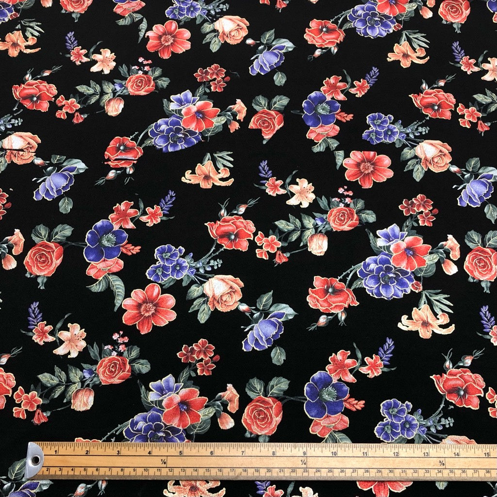 Foil Red and Blue Floral on Black Scuba Fabric - Pound Fabrics
