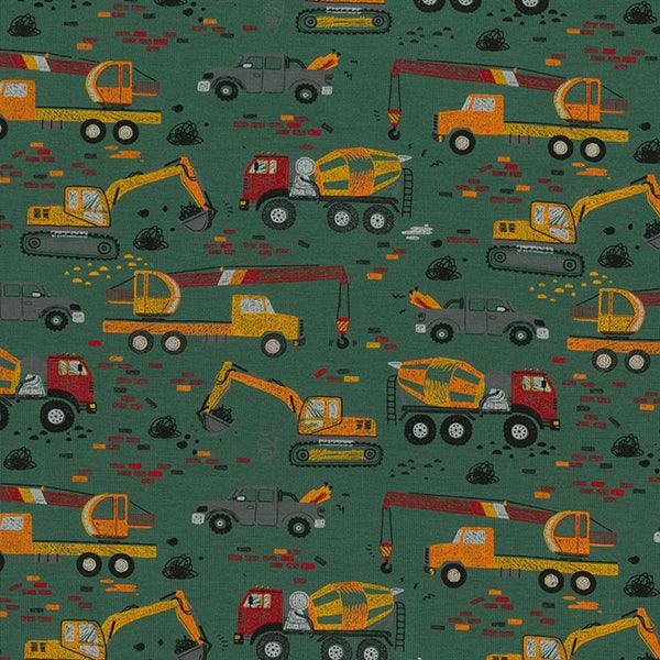 Construction Vehicles on Green Cotton Jersey Fabric - Pound Fabrics