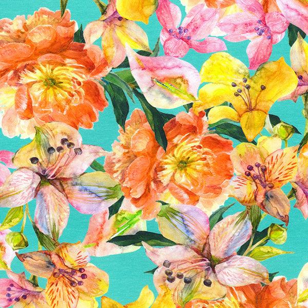 Digital Floral on Mint Cotton Jersey Fabric - Pound Fabrics