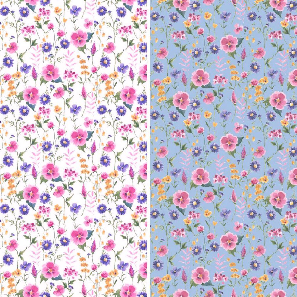 Pink/Purple/Yellow Floral Garden Organic Cotton Jersey Fabric - Pound Fabrics