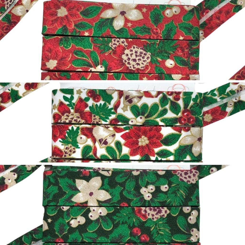 Holly &amp; Flowers Cotton Bias Binding Tape - 5 metres - Pound Fabrics