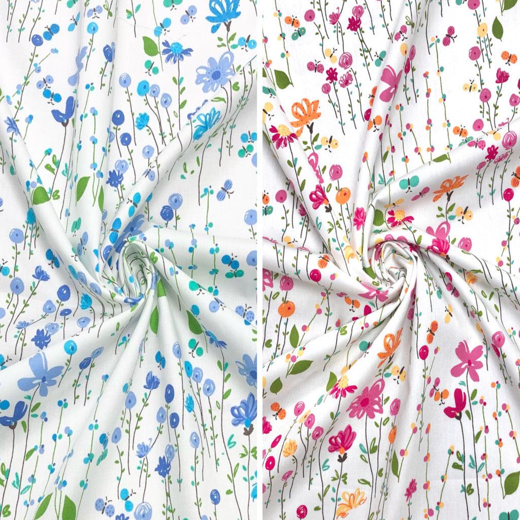 Spring Flower Garden on White Rose & Hubble Cotton Poplin Fabric - Pound Fabrics