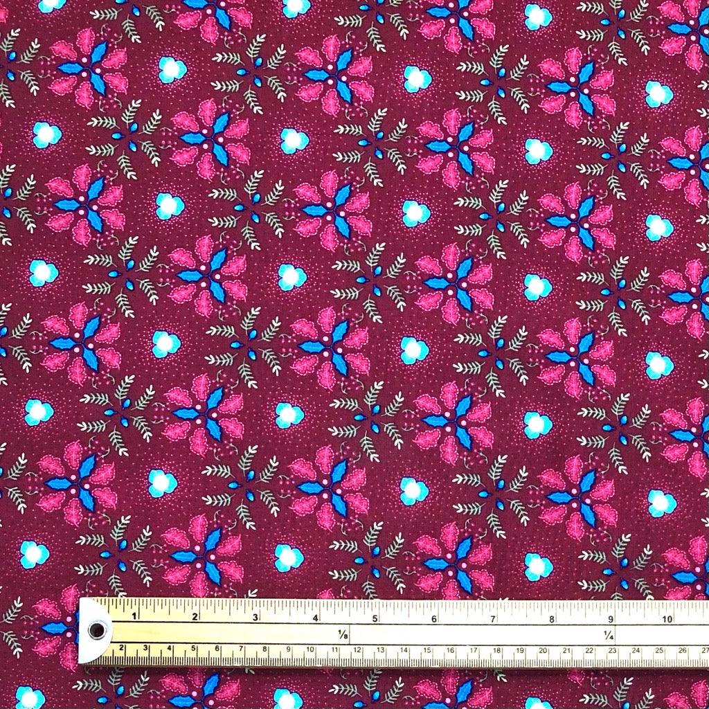 Blue/Red Floral and Leaf on Burgundy Cotton Fabric - Pound Fabrics