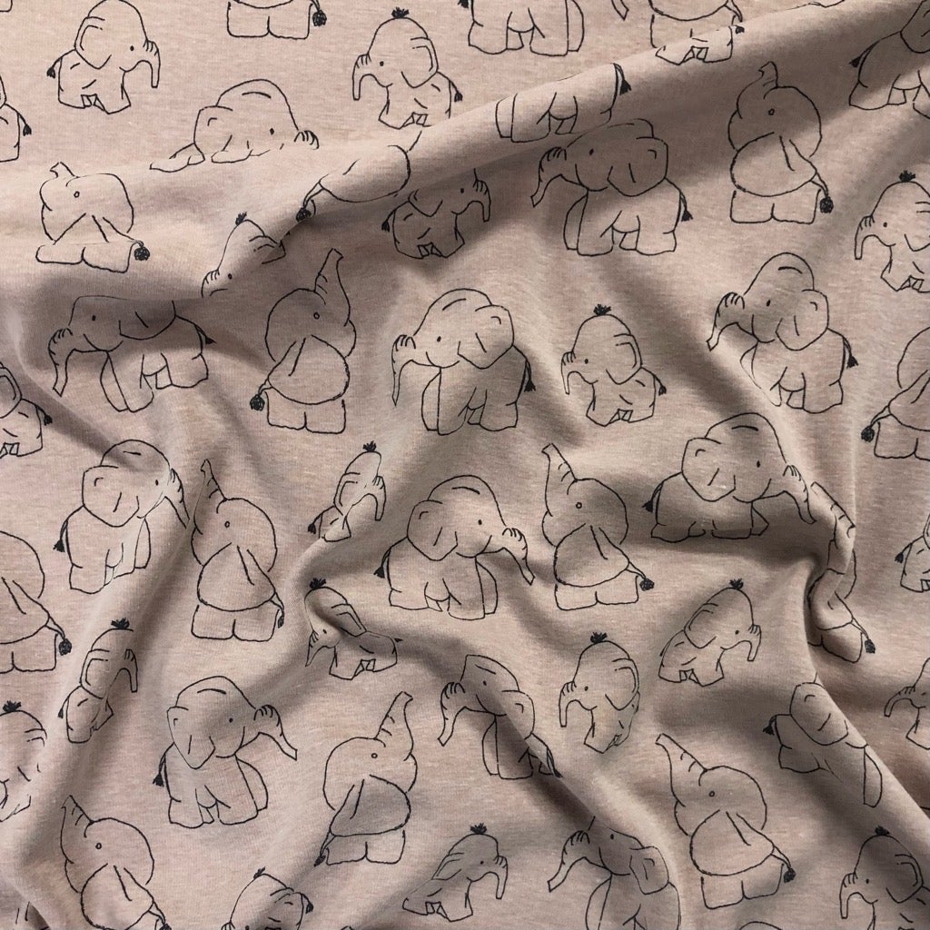 Elephants On Baby Pink Sweatshirt Fabric