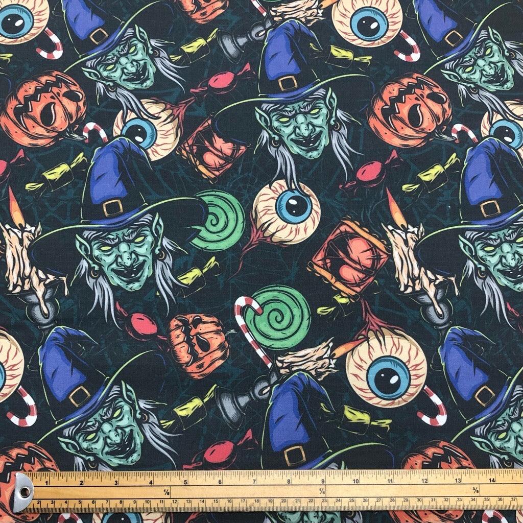 Spooky Witches on Black Rose & Hubble Halloween Cotton Fabric - Pound Fabrics