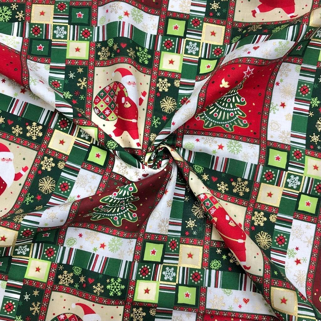 Santa Claus and Christmas Tree Collages Rose & Hubble Cotton Fabric - Pound Fabrics