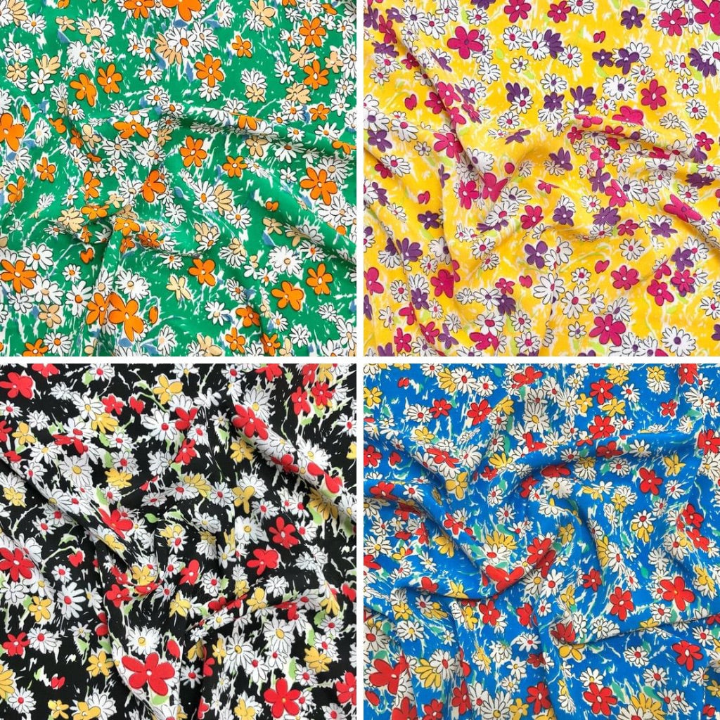 Multicoloured Draw Daisies Polyester Crepe Fabric