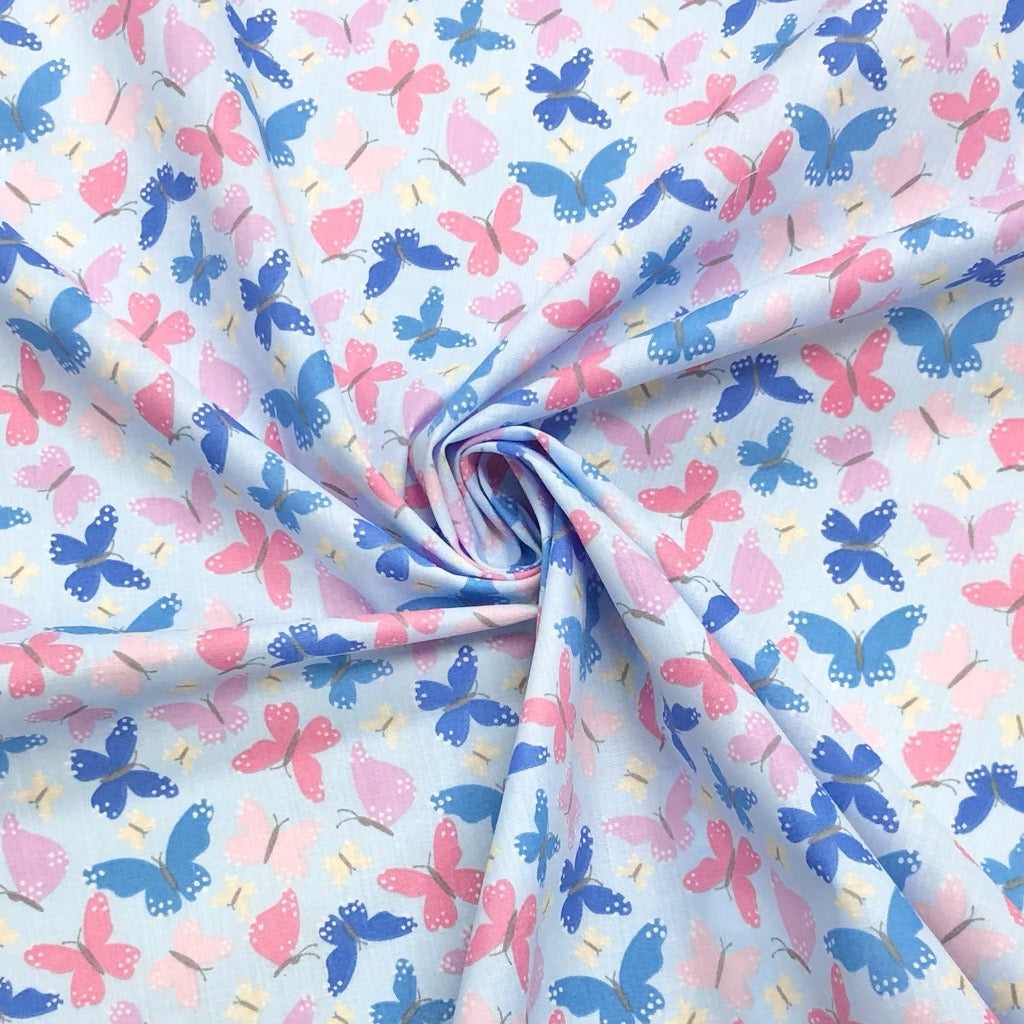 Blue and Pink Butterflies Polycotton Fabric - Pound Fabrics