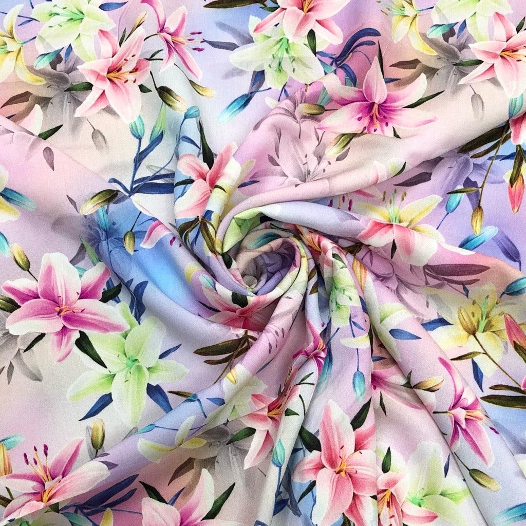 Digital Multicoloured Lilies Viscose Challis Fabric - Pound Fabrics