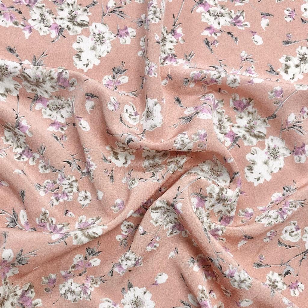 White/Pink Flower Bloom Polyester Crepe Fabric - Pound Fabrics