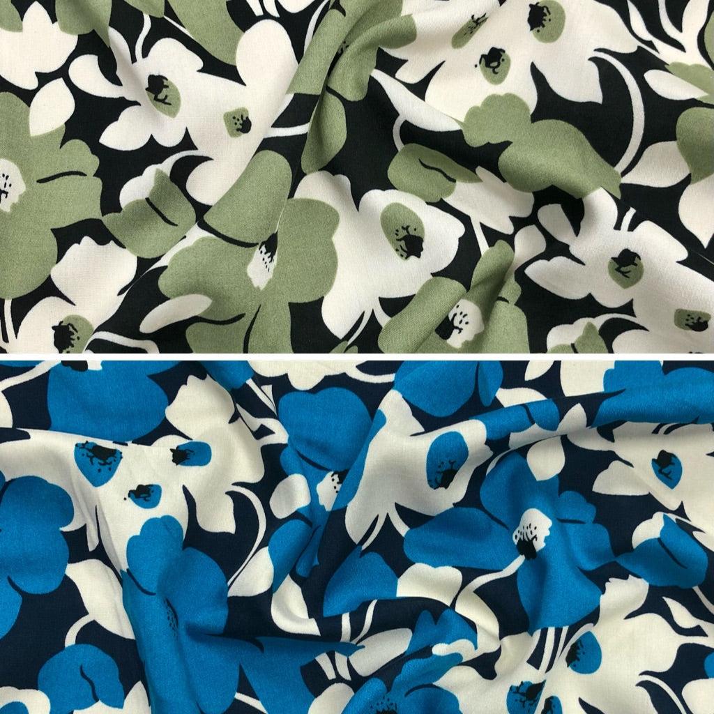 Two Colour Large Floral Viscose Challis Fabric - Pound Fabrics
