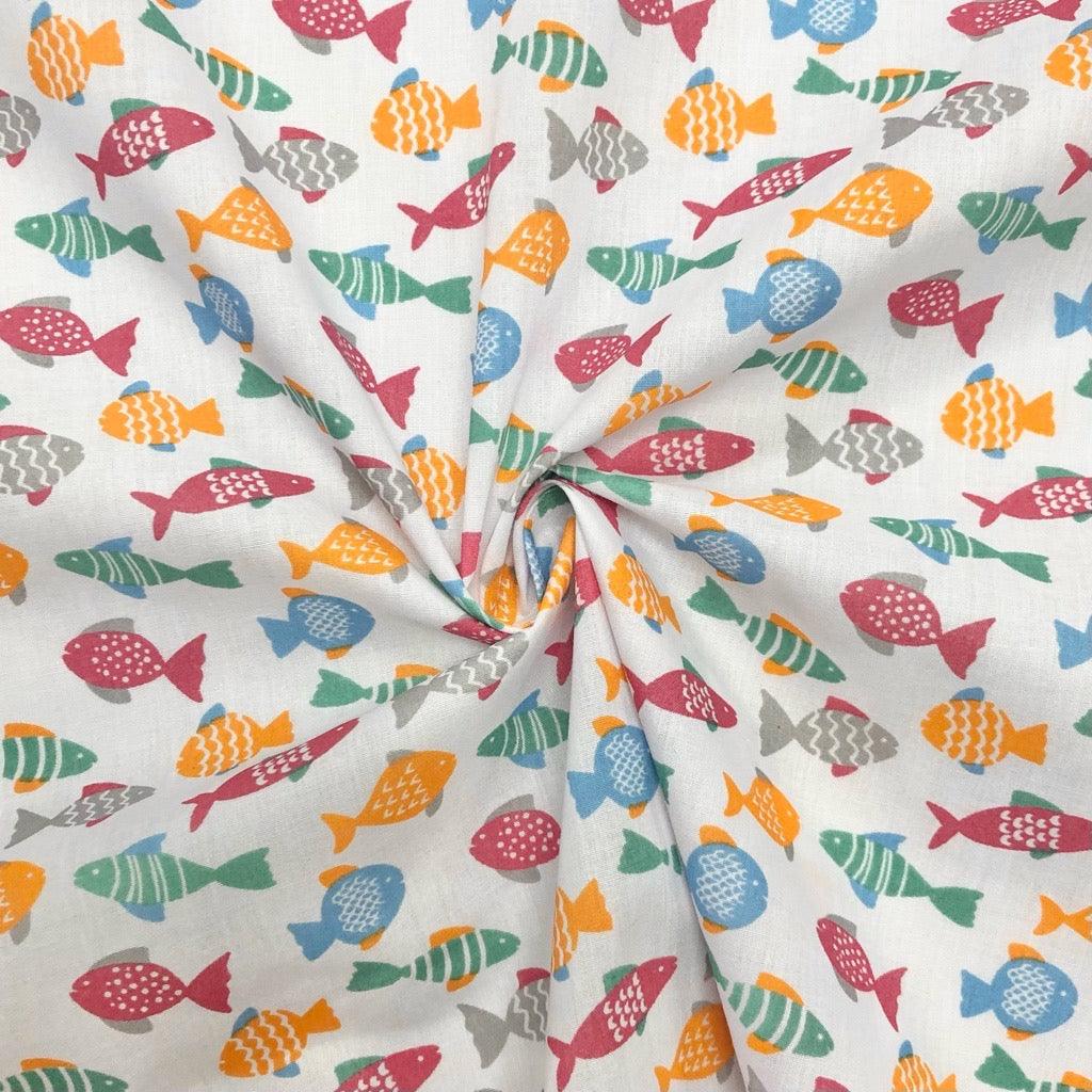 Multicoloured Fish on White Polycotton Fabric - Pound Fabrics
