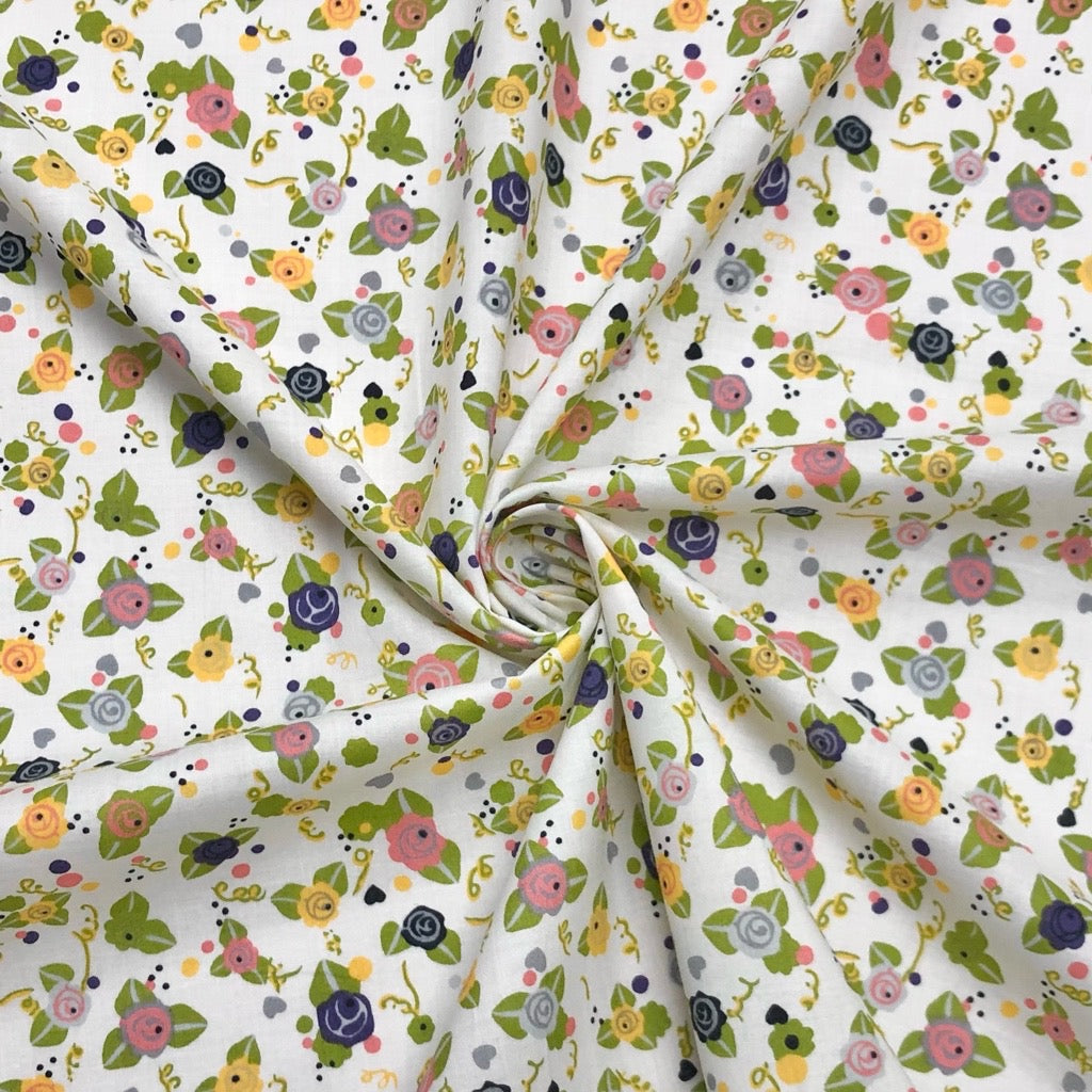 Multicolour Mini Roses on Cream Pima Cotton Lawn Fabric