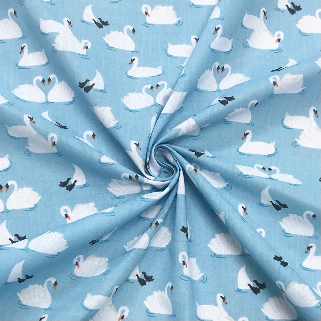 White Swans Polycotton Fabric - Pound Fabrics