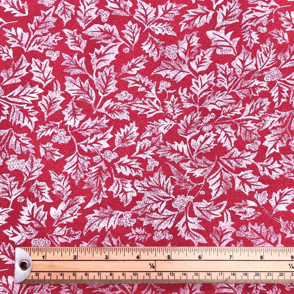 Glitter Foil Xmas Leaves on Red Christmas Cotton Fabric - John Louden - Pound Fabrics