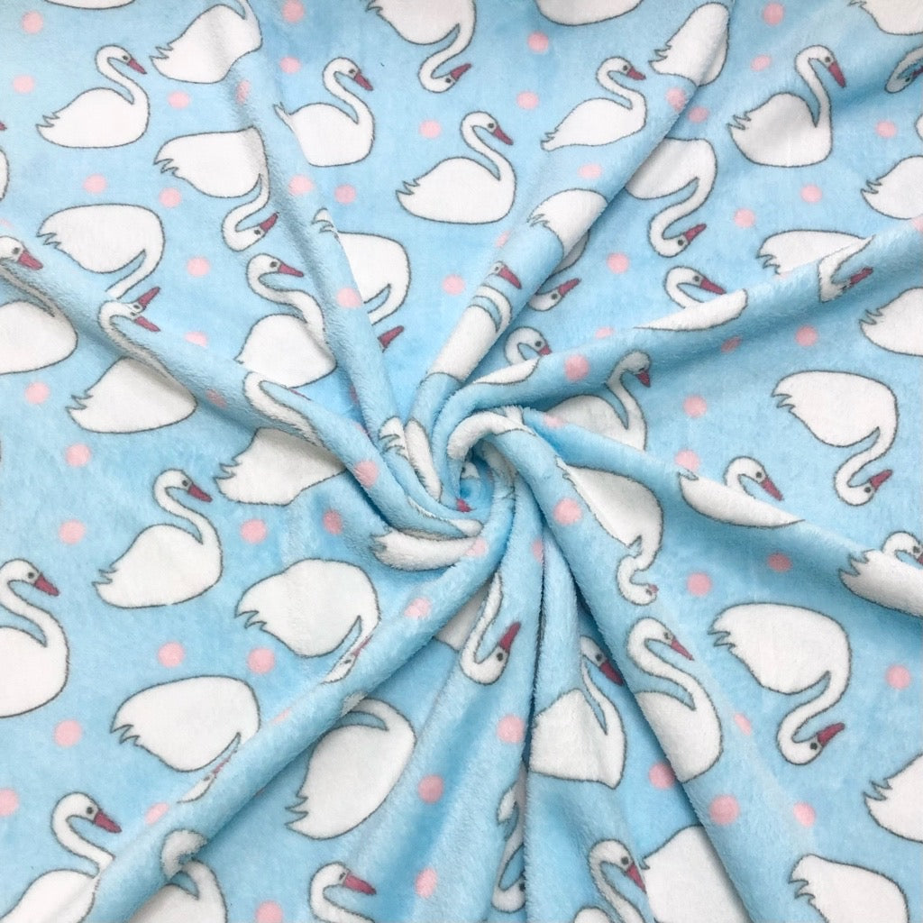 Reversible Swan &amp; Flower on Blue Cuddle Fleece Fabric - Pound Fabrics