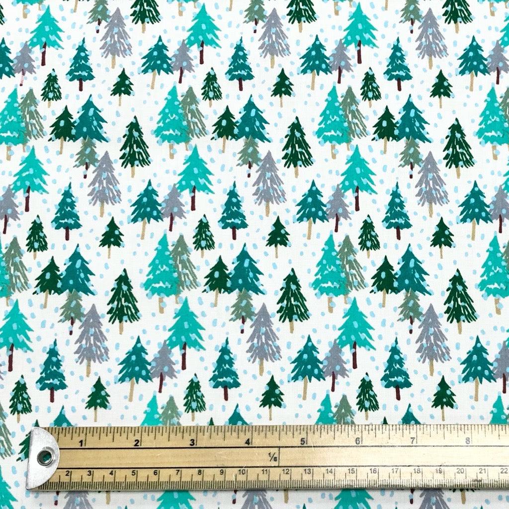 Green & Grey Christmas Trees on White Polycotton Fabric - Pound Fabrics