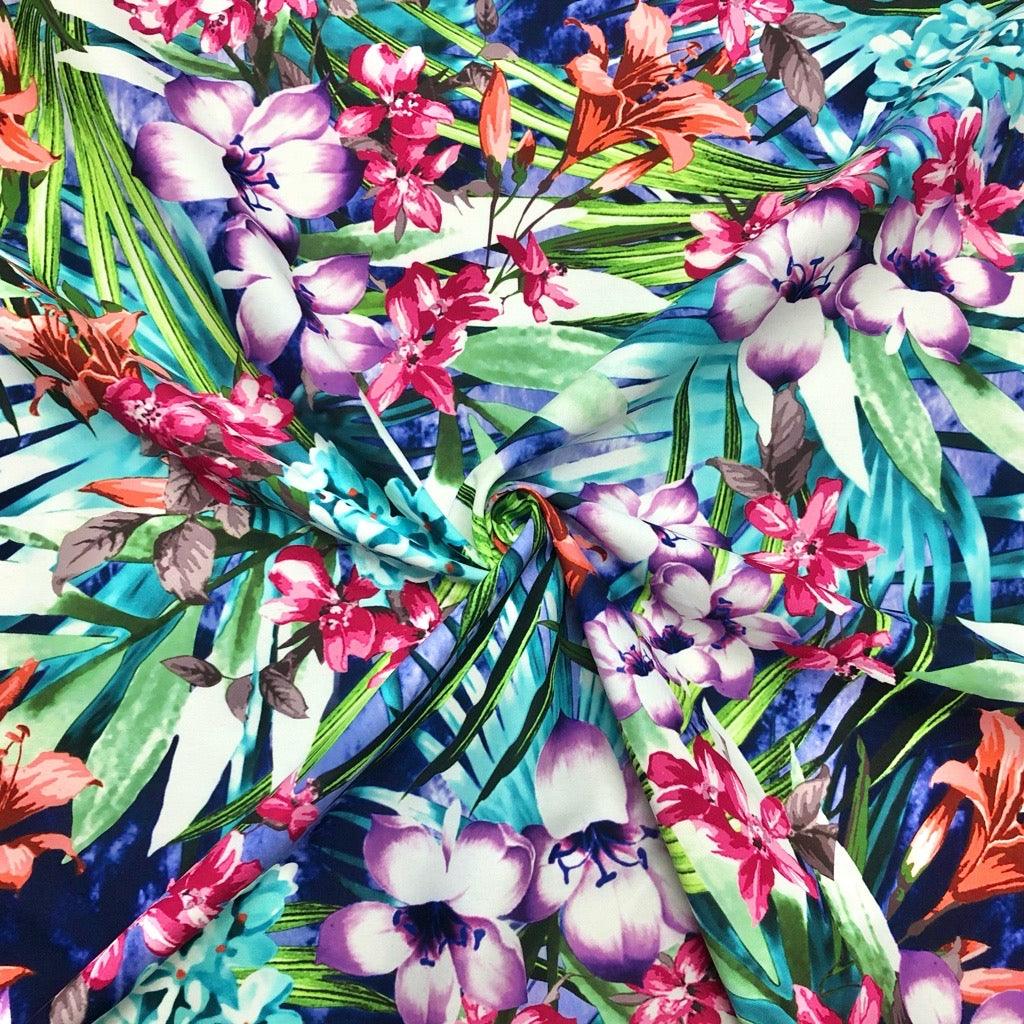 Large Tropical Flowers and Leaves Cotton-Touch Polyester Fabric - Pound Fabrics