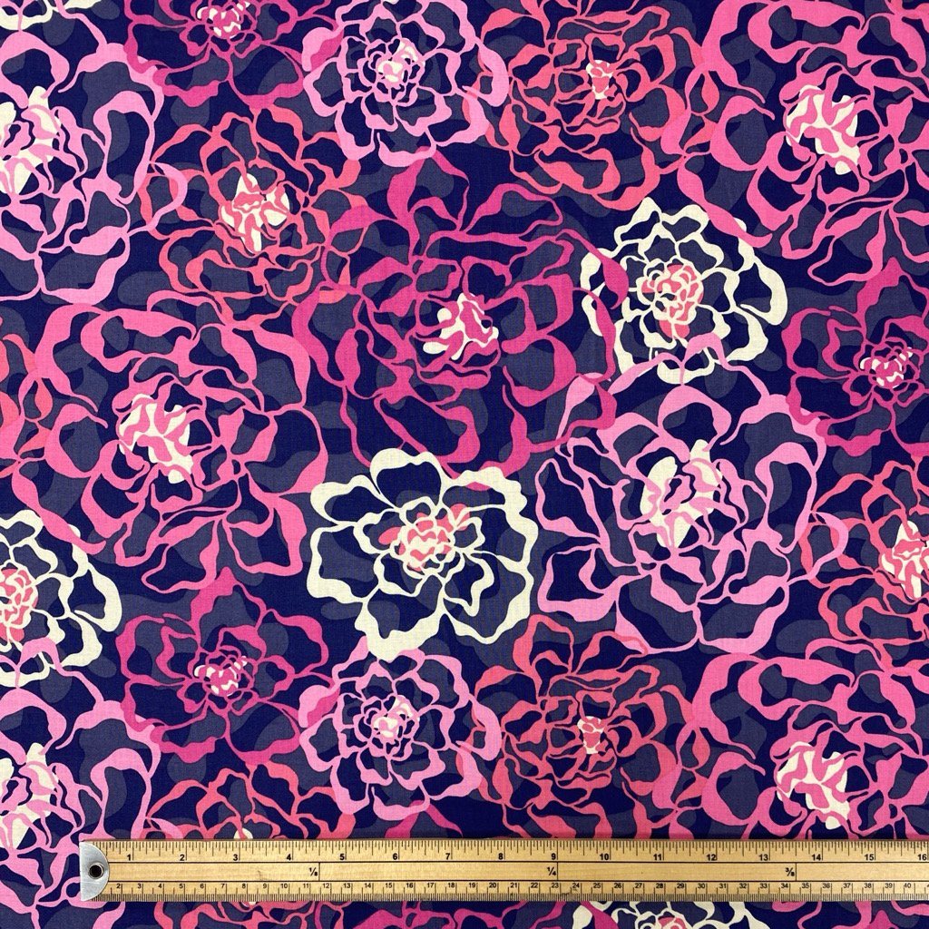 Pink Flower Sketch on Navy Cotton Poplin Fabric - 58&quot; wide (6569504571415)