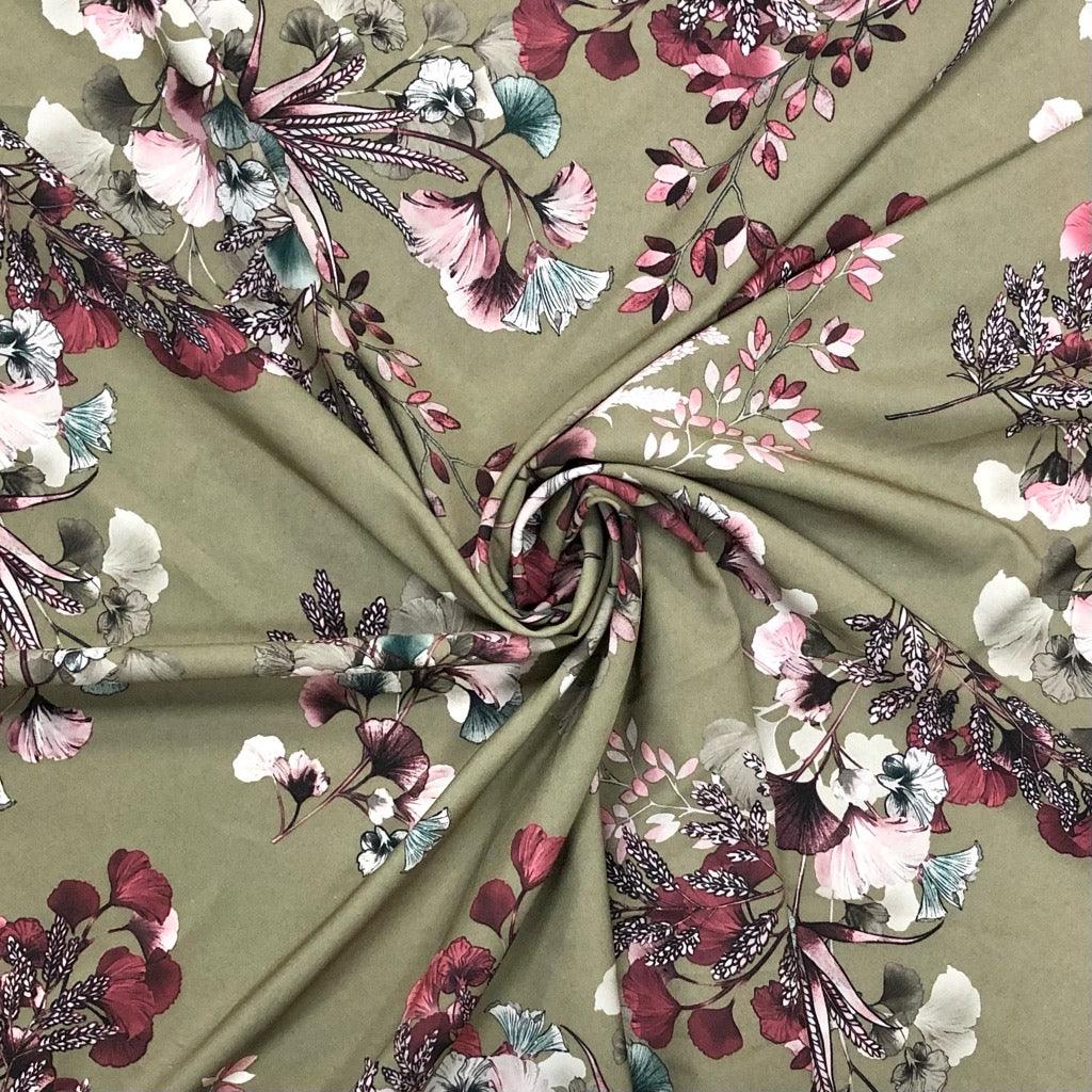 Pink Floral on Beige Stretch Polyester Fabric - Pound Fabrics