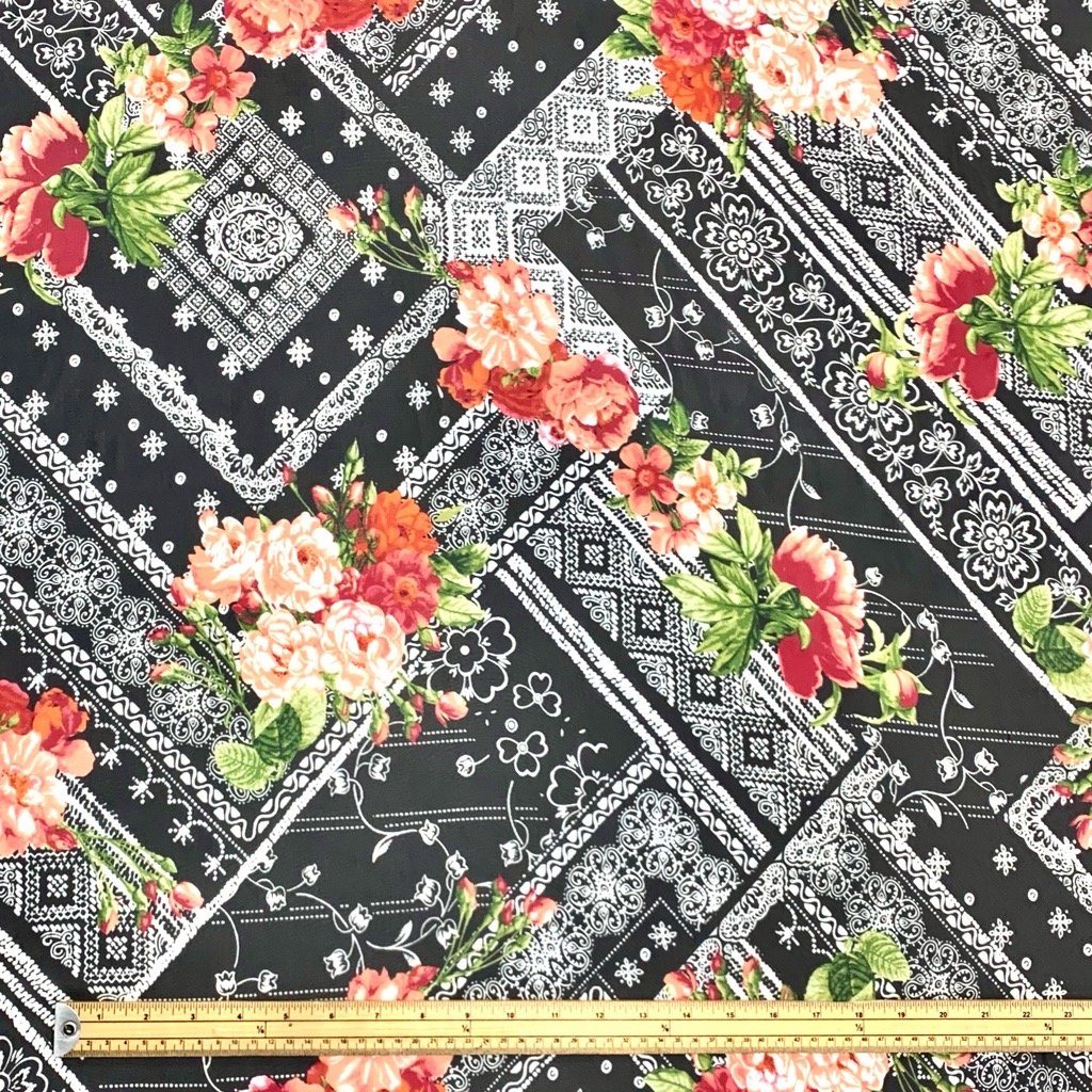 Floral Bunches on Geometric Black Chiffon Fabric (6555385266199)