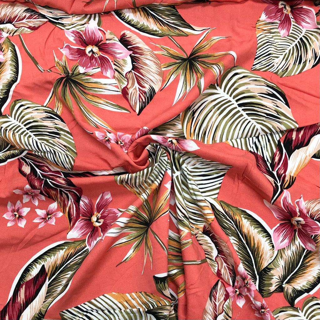 Large Tropical Flowers and Leaves Viscose Challis Fabric - Pound Fabrics