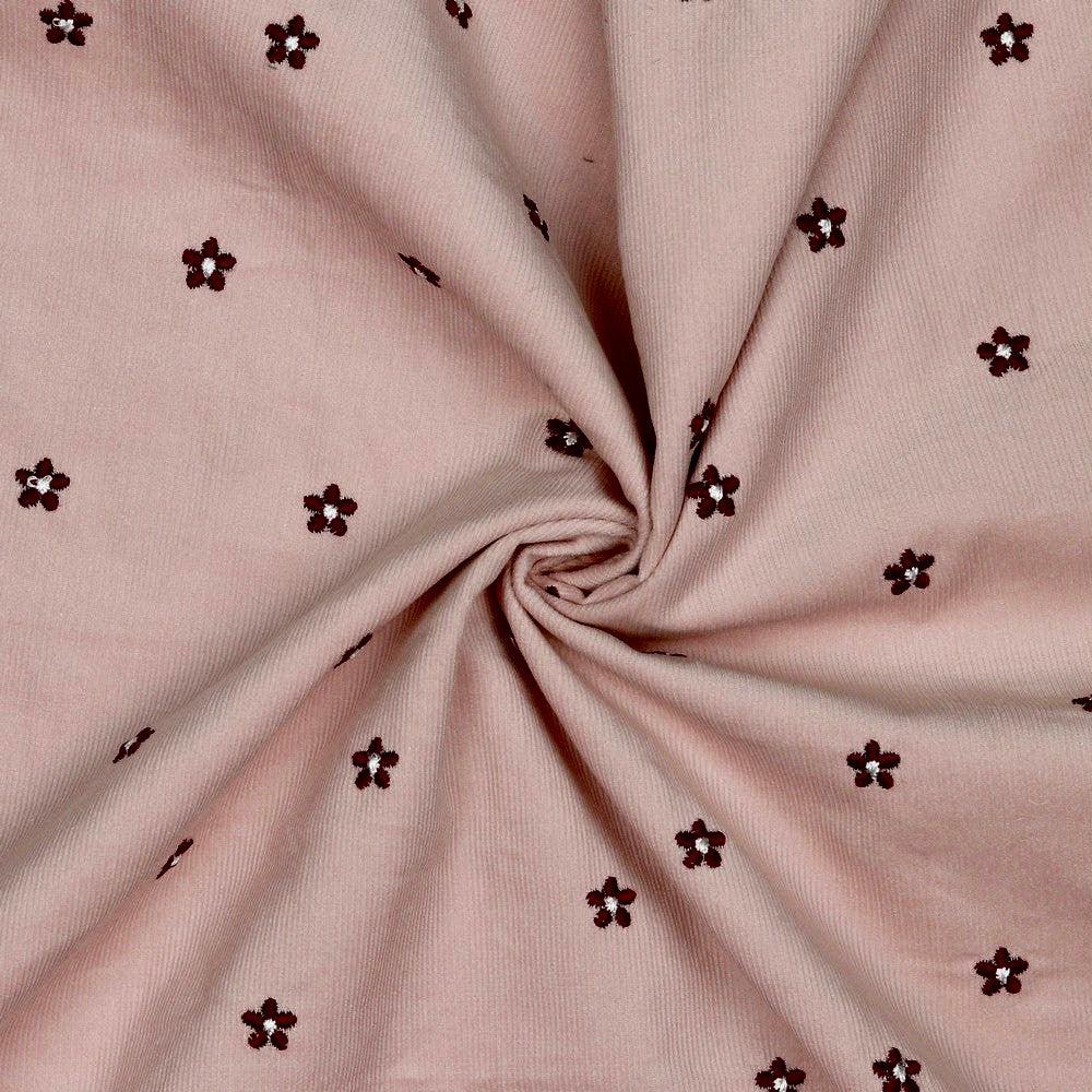 Burgundy Floral on Pink Needlecord Fabric - Pound Fabrics