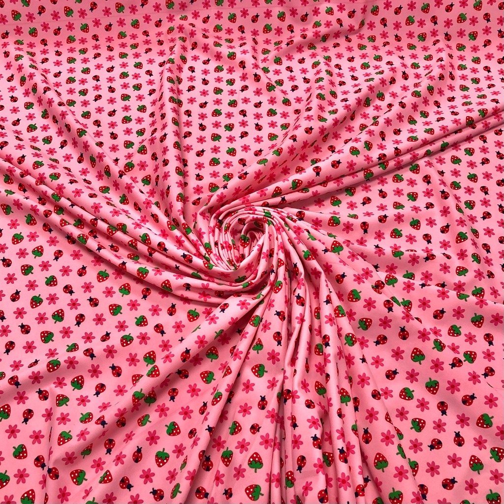 Mini Ladybirds and Strawberries on Pink Lycra Spandex Fabric 70cm PANEL (6555125809175)
