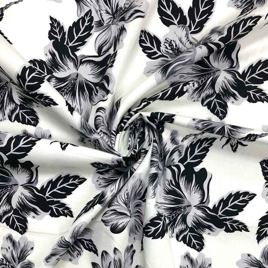 Monochrome Floral on Cream Cotton Poplin Fabric - Pound Fabrics