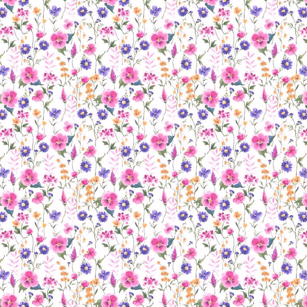 Pink/Purple/Yellow Floral Garden Organic Cotton Jersey Fabric - Pound Fabrics