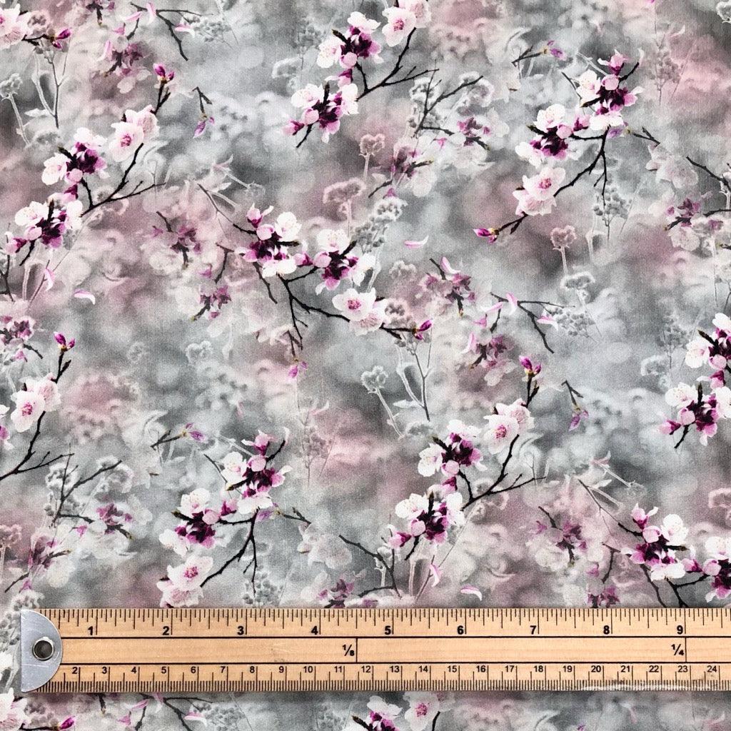 Digital Cherry Blossoms on Grey Viscose Challis Fabric - Pound Fabrics