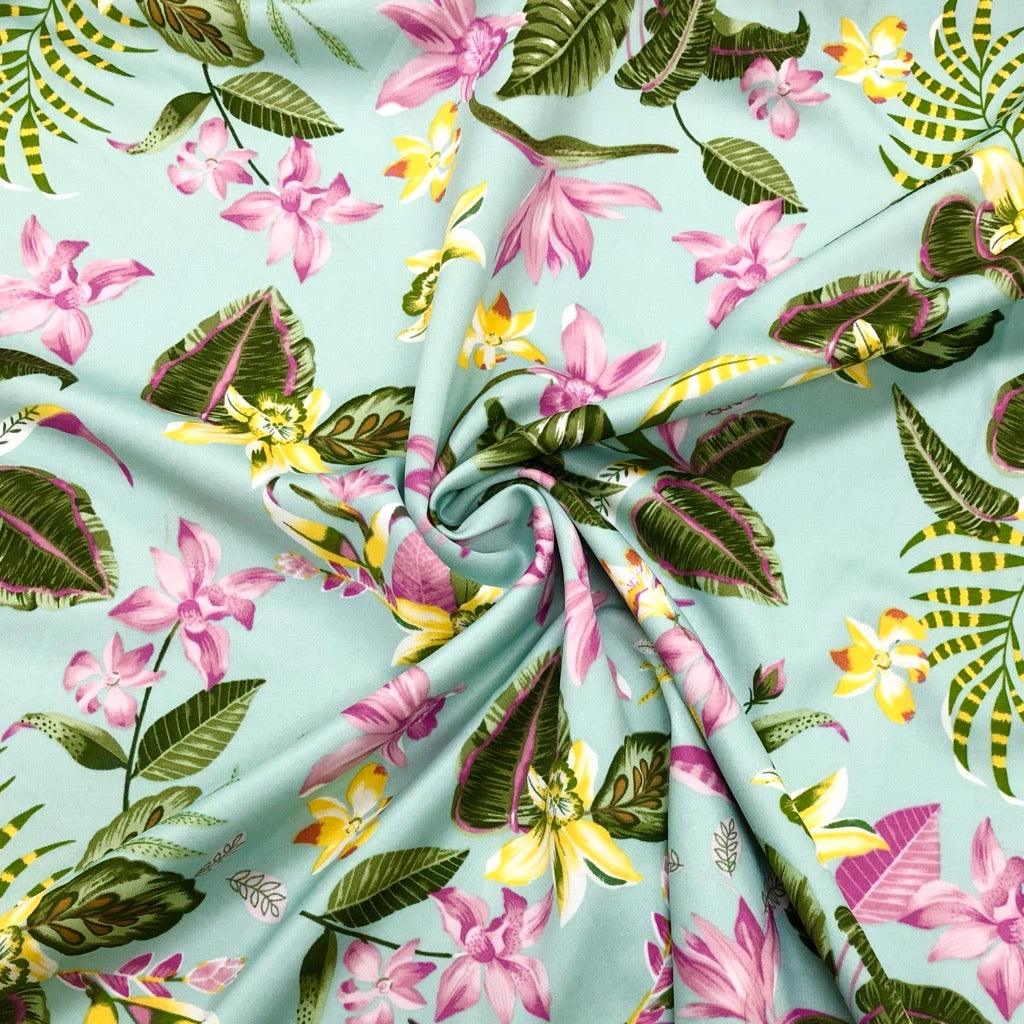 Tropical Floral on Aqua Scuba Fabric - Pound Fabrics