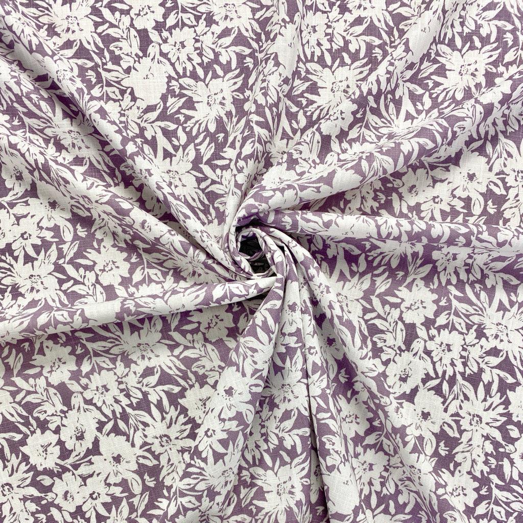 White Floral Outline Linen Mix Fabric - Pound Fabrics