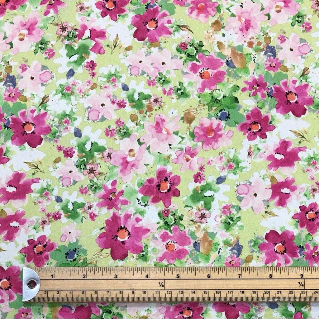 Digital Watercolour Pink Floral on Green Viscose Challis Fabric - Pound Fabrics