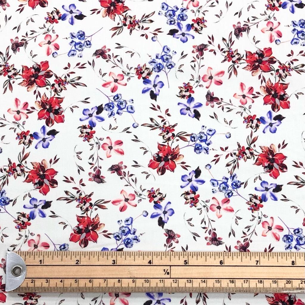 Blue and Red Floral on White Viscose Challis Fabric - Pound Fabrics