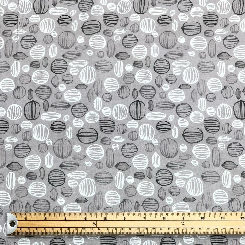 White and Grey Shapes on Grey Cotton Fabric - Pound Fabrics