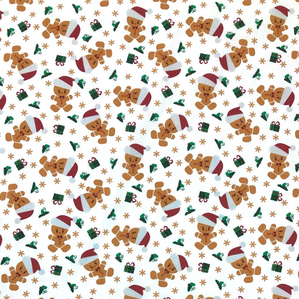 Baby Gingerbread Man on White Polycotton Fabric (6564178264087)