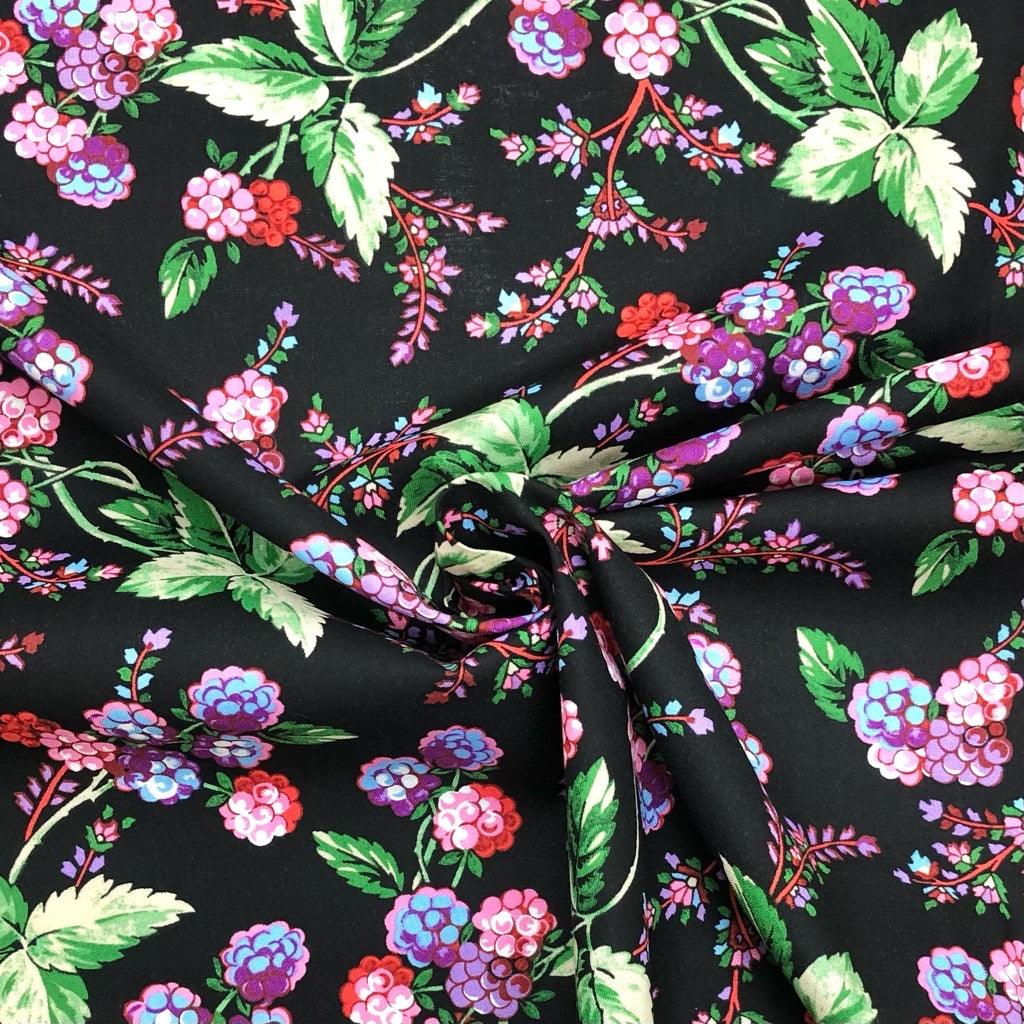 Berries and Leaves on Black Cotton Poplin Fabric - 58" wide - Pound Fabrics