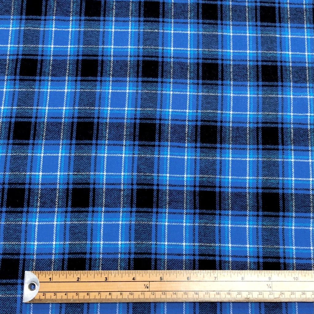 Blue/Black/White Tartan Brushed Cotton Fabric - Pound Fabrics
