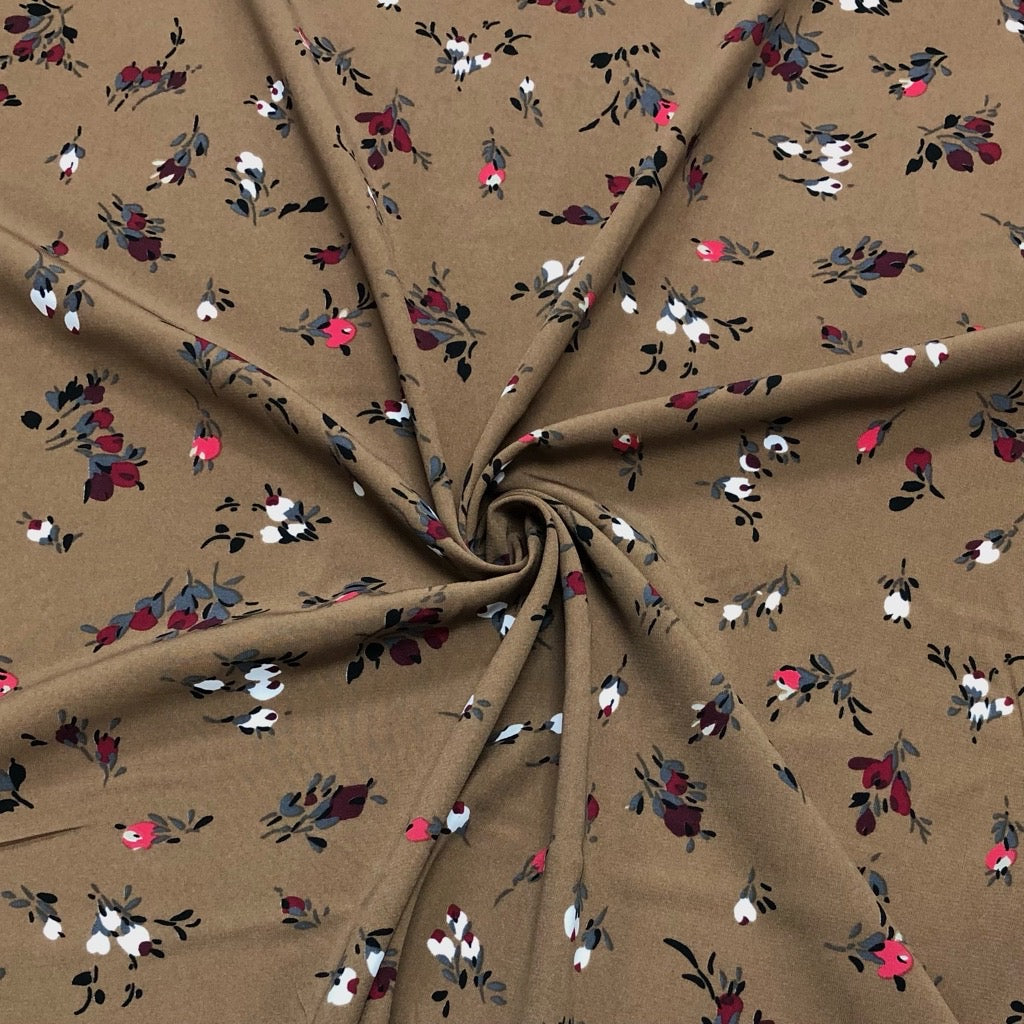 White and Red Floral on Brown Polyester Fabric - Pound Fabrics