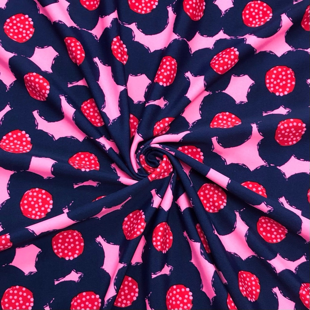 Navy Floral on Pink Lycra Spandex Fabric