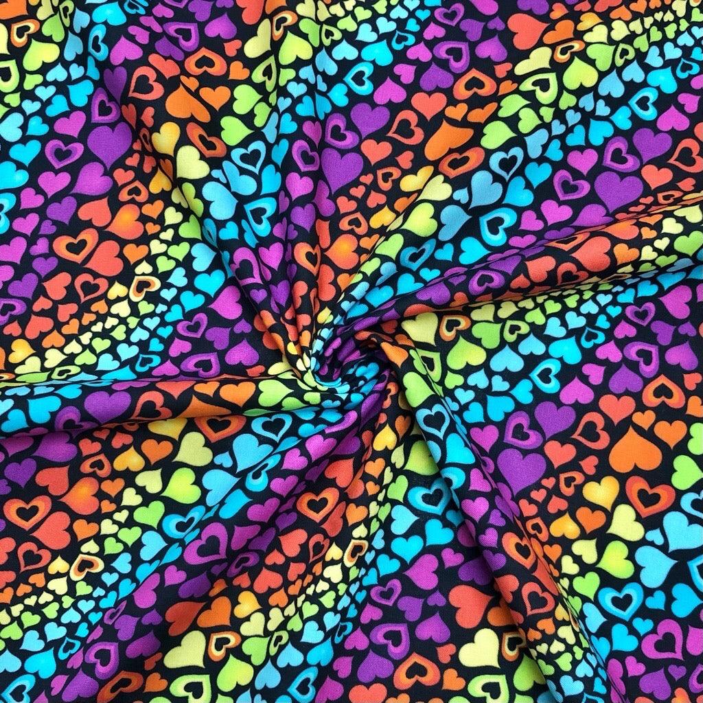 Rainbow Hearts on Black Cotton Fabric - Pound Fabrics